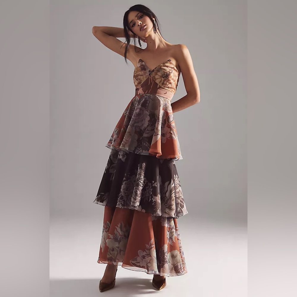 Anthropologie High Low Floral Dress in Orange and Gray